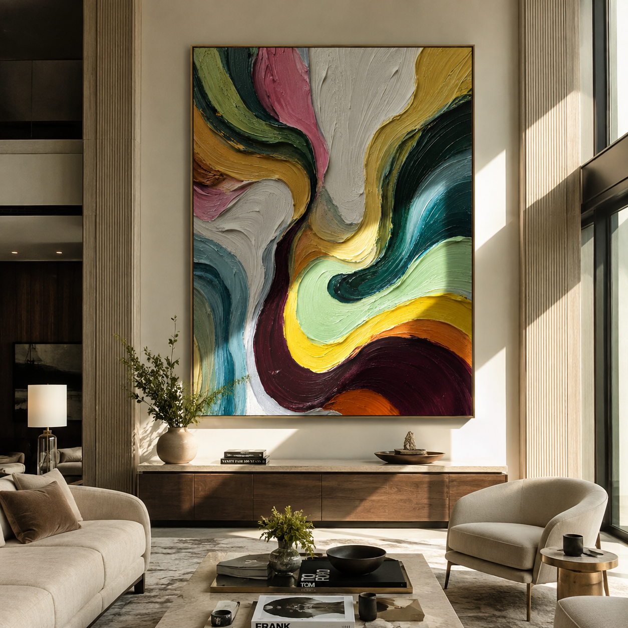 Chromatic Currents Unfolding displayed above a living room sofa in a warm modern interior