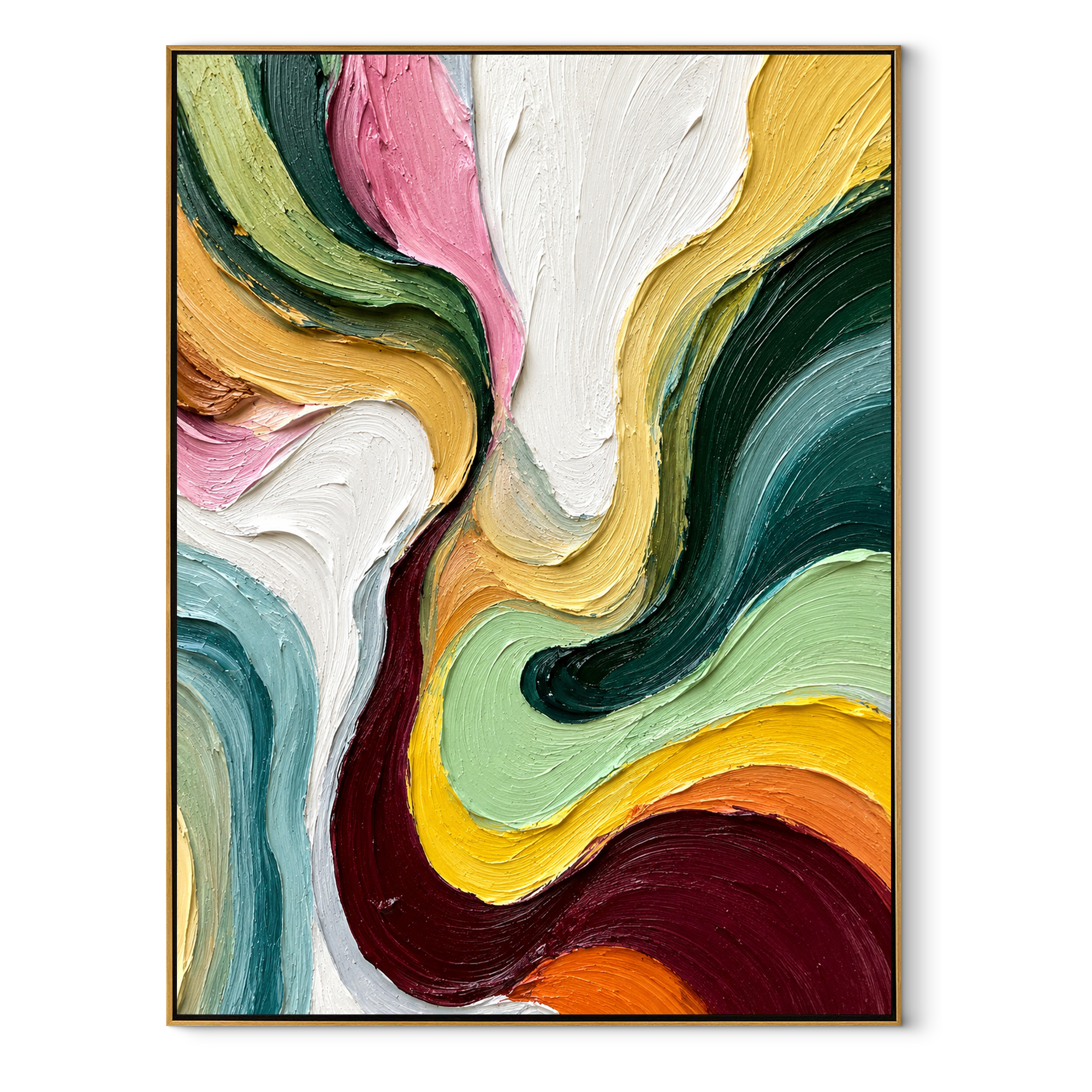 Chromatic Currents Unfolding colorful flowing impasto abstract painting, vertical canvas artwork