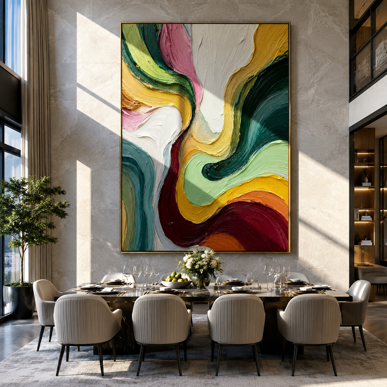 Chromatic Currents Unfolding styled in a quiet reading nook with neutral furnishings