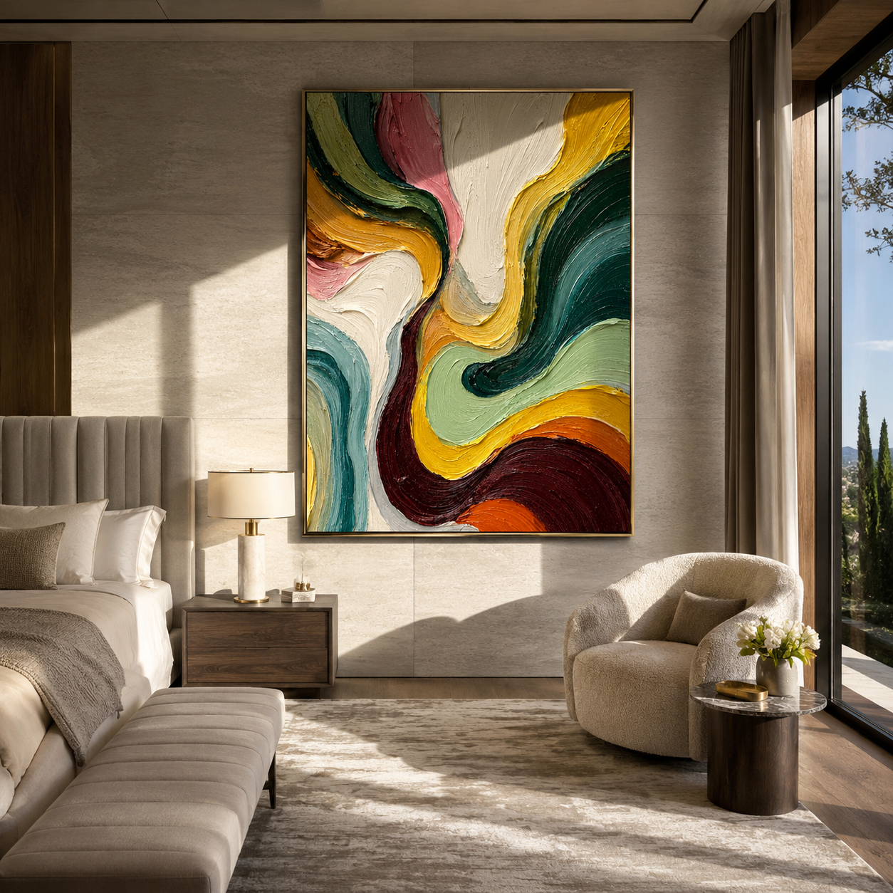 Chromatic Currents Unfolding presented over an entryway console in a contemporary home