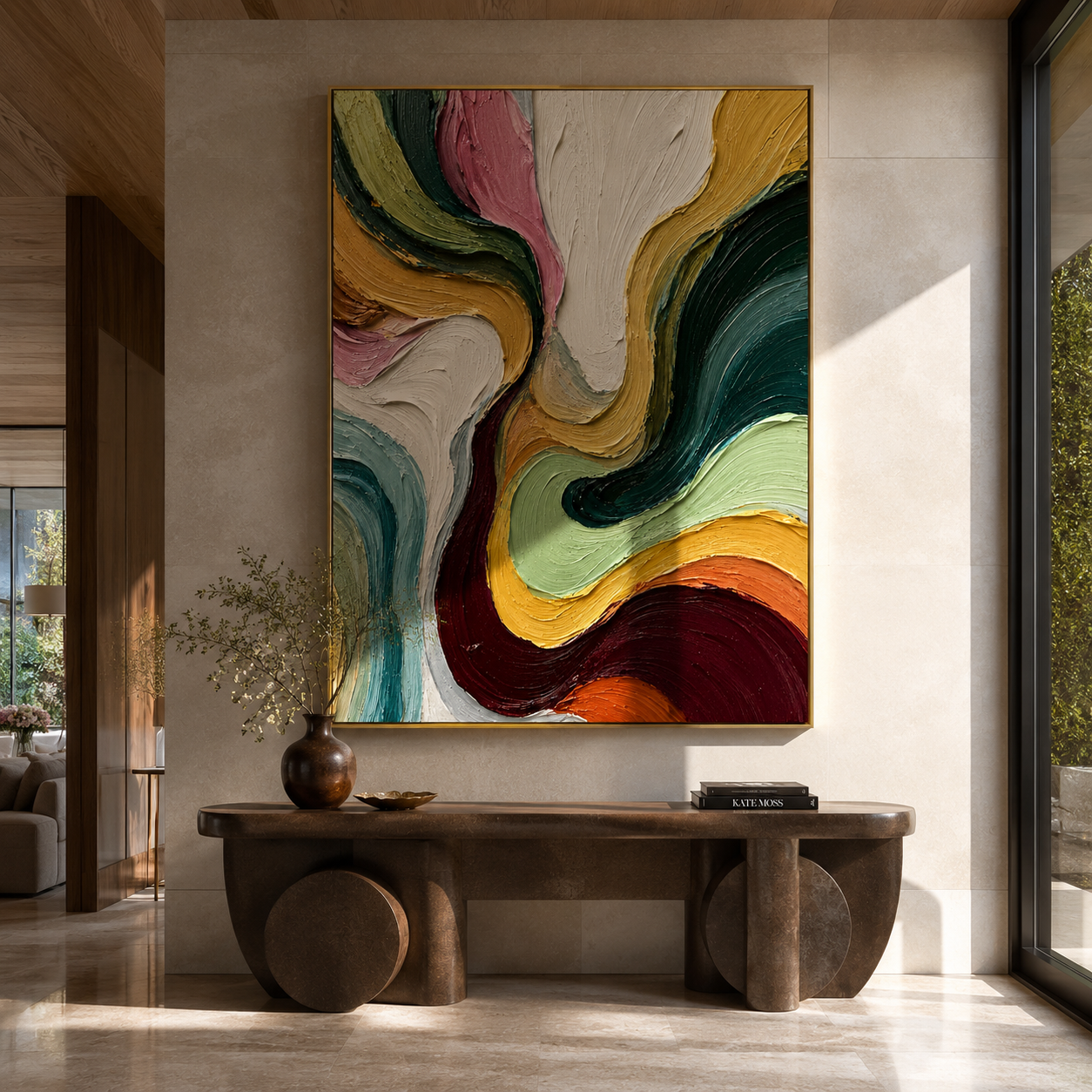 Chromatic Currents Unfolding displayed in a dining room with coordinated modern decor