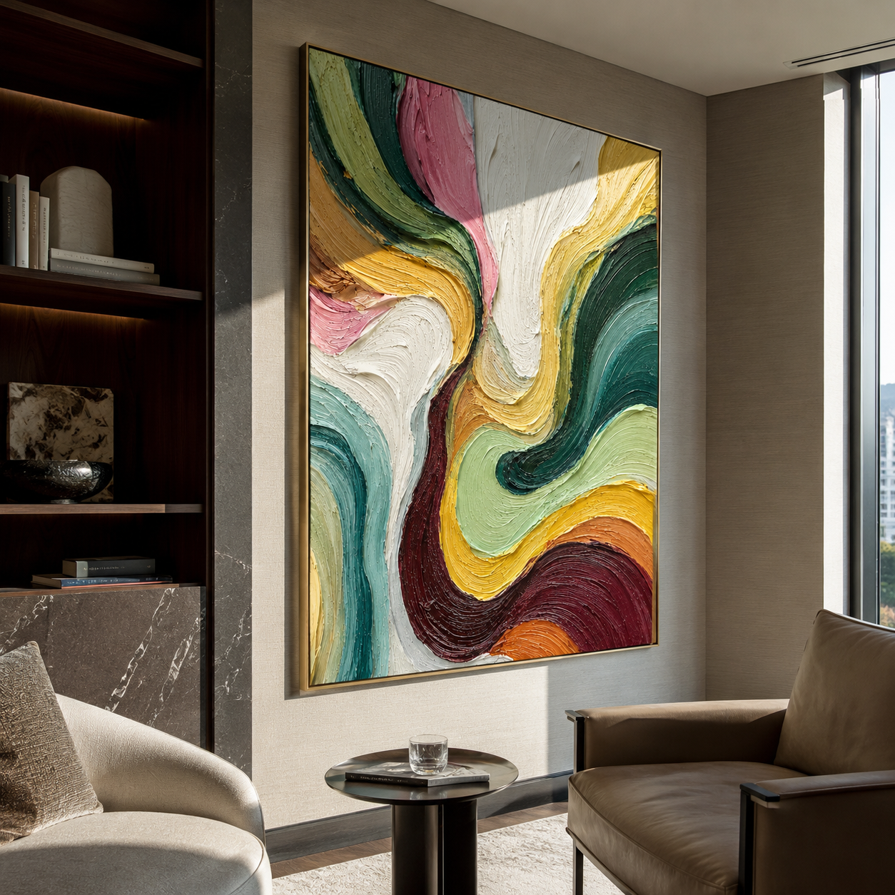 Chromatic Currents Unfolding styled above a bed in a calm, layered bedroom interior