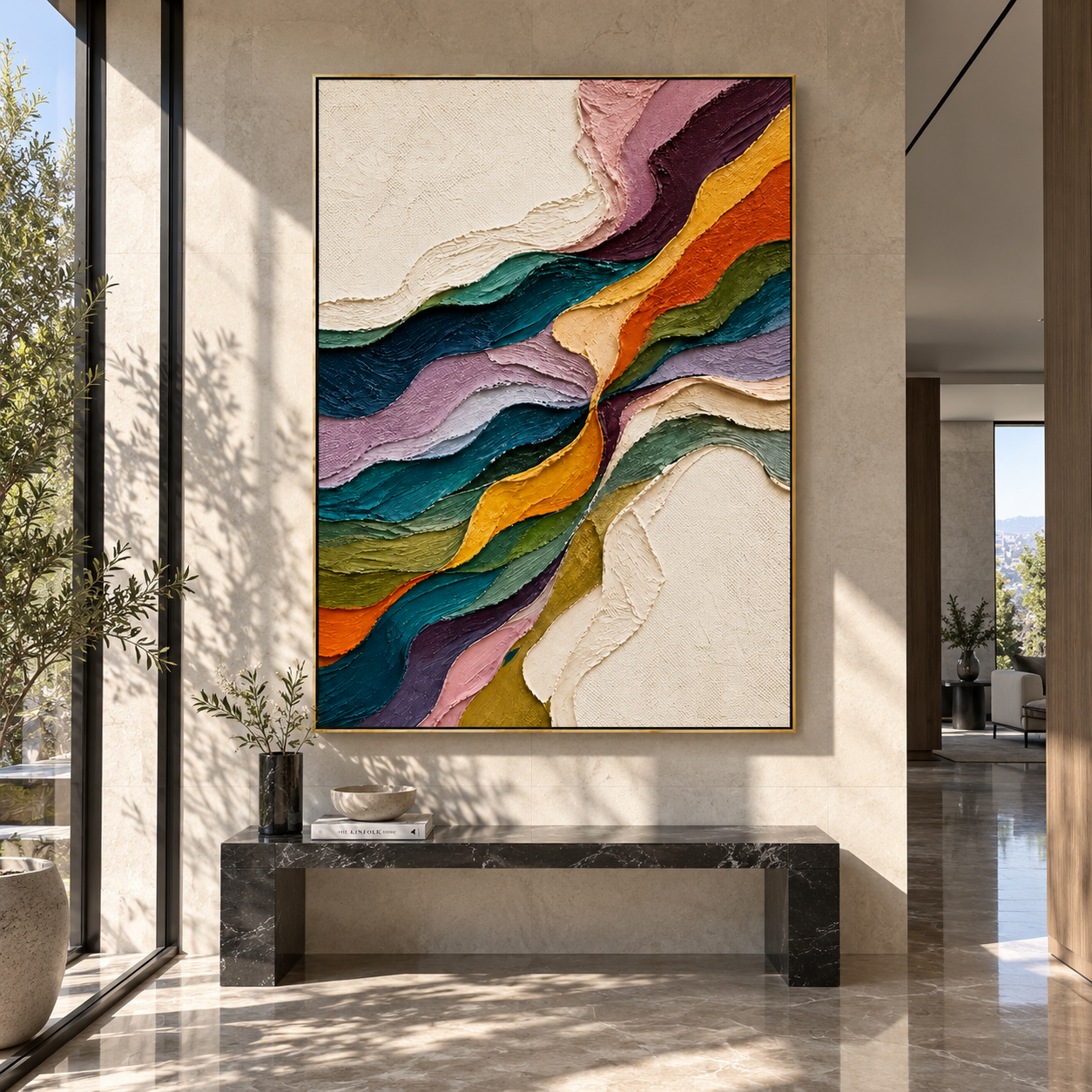 Ribbons Gather in Light presented over an entryway console in a contemporary home