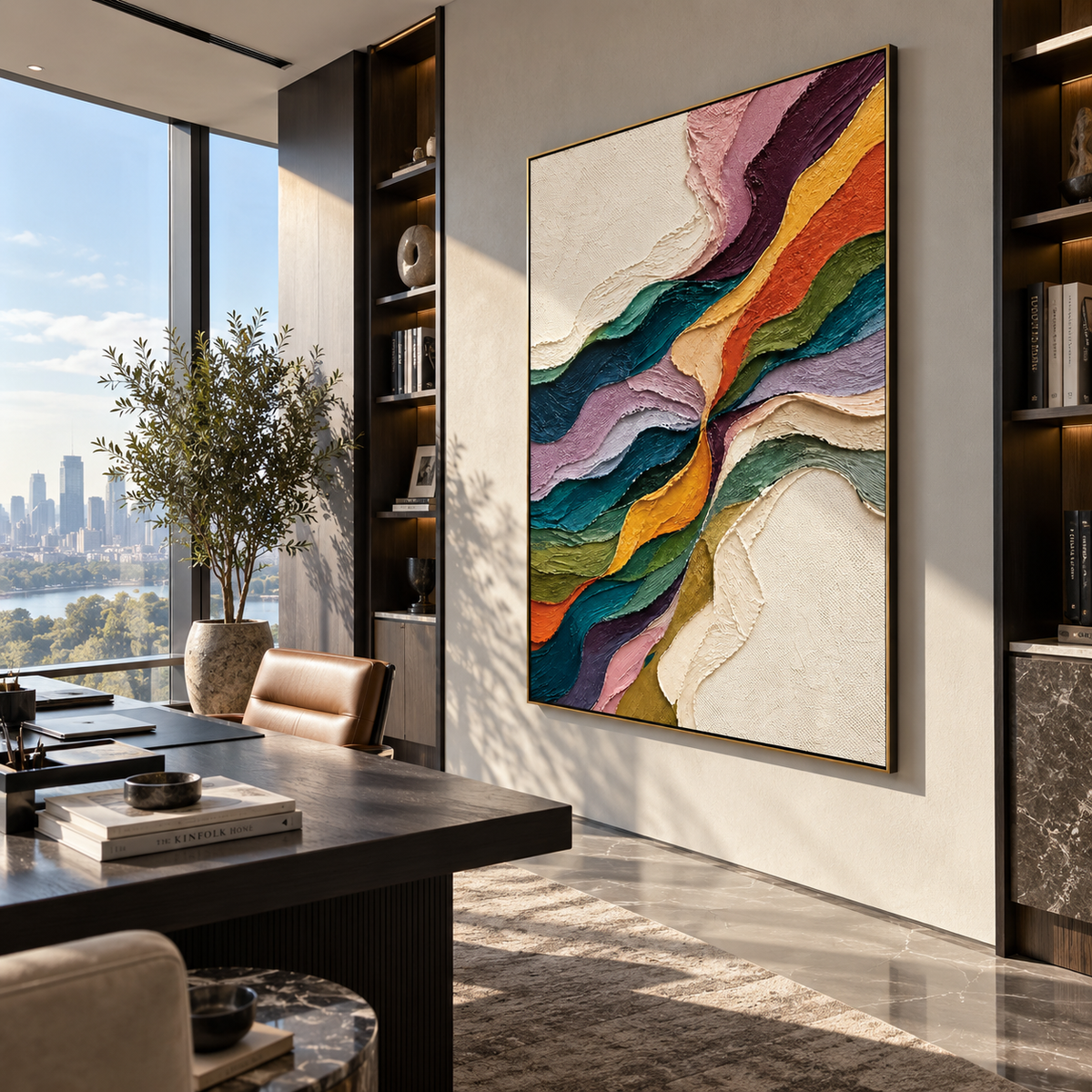 Ribbons Gather in Light displayed in a dining room with coordinated modern decor