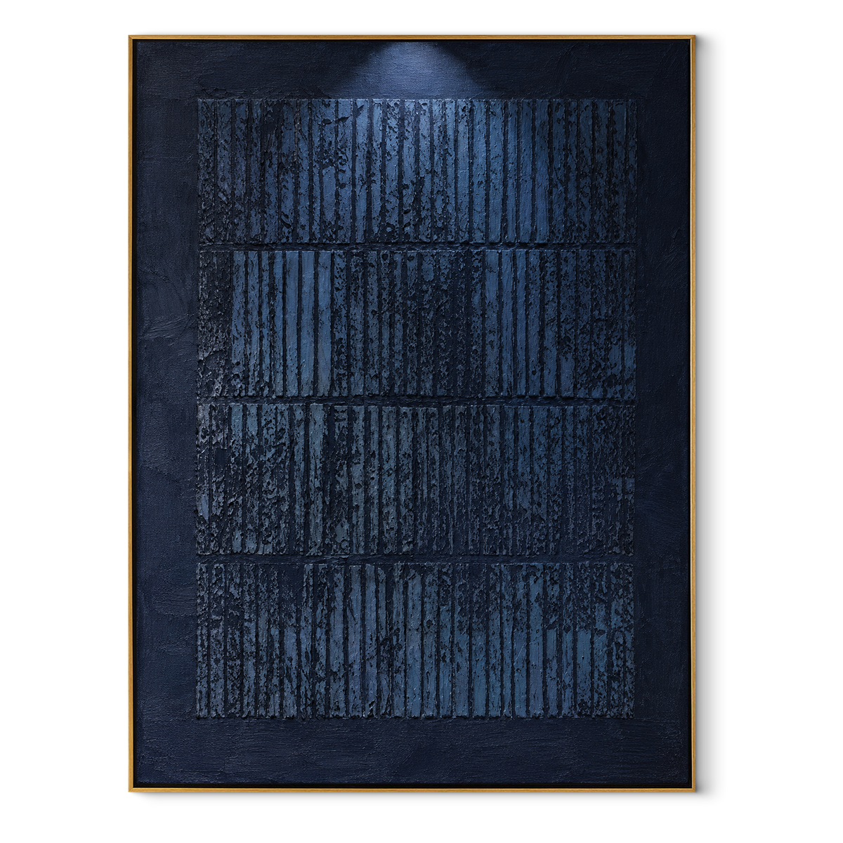 Midnight Grid Archive vertical canvas artwork in a wood frame on white