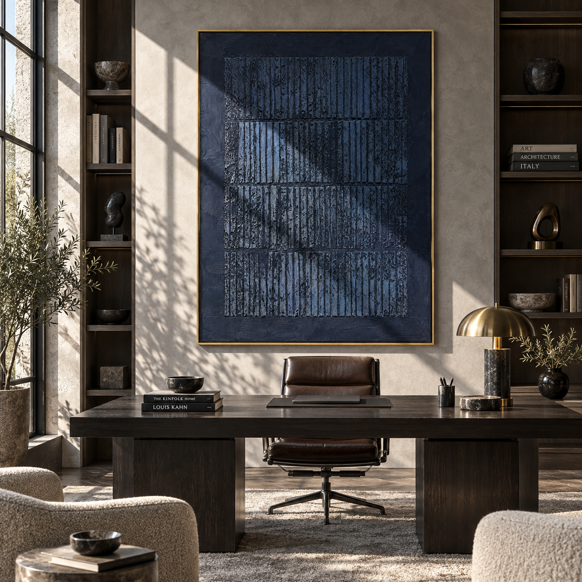 Midnight Grid Archive textured wall art shown above contemporary furnishings