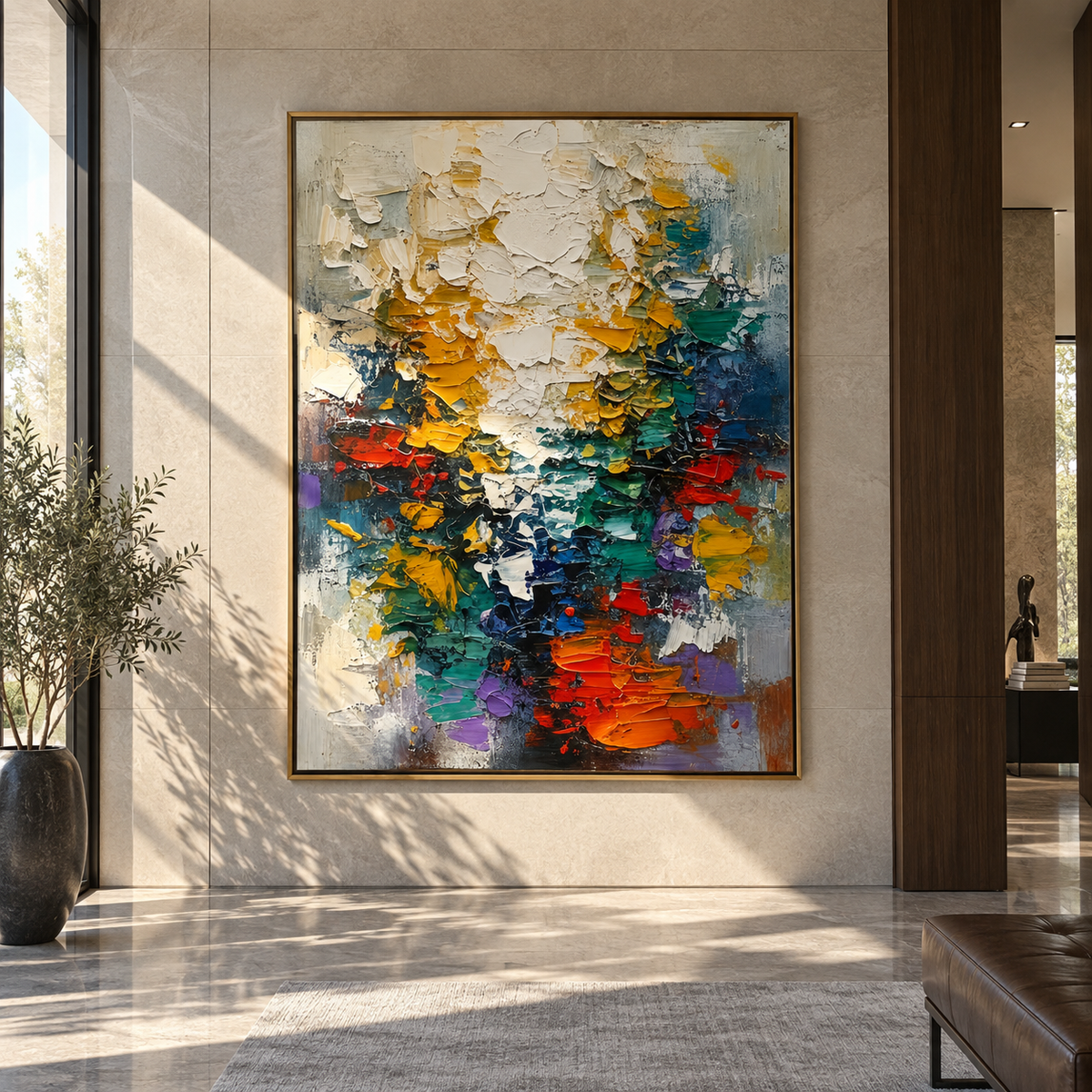 Color Fragments Rise multicolor impasto abstract painting displayed in a modern interior