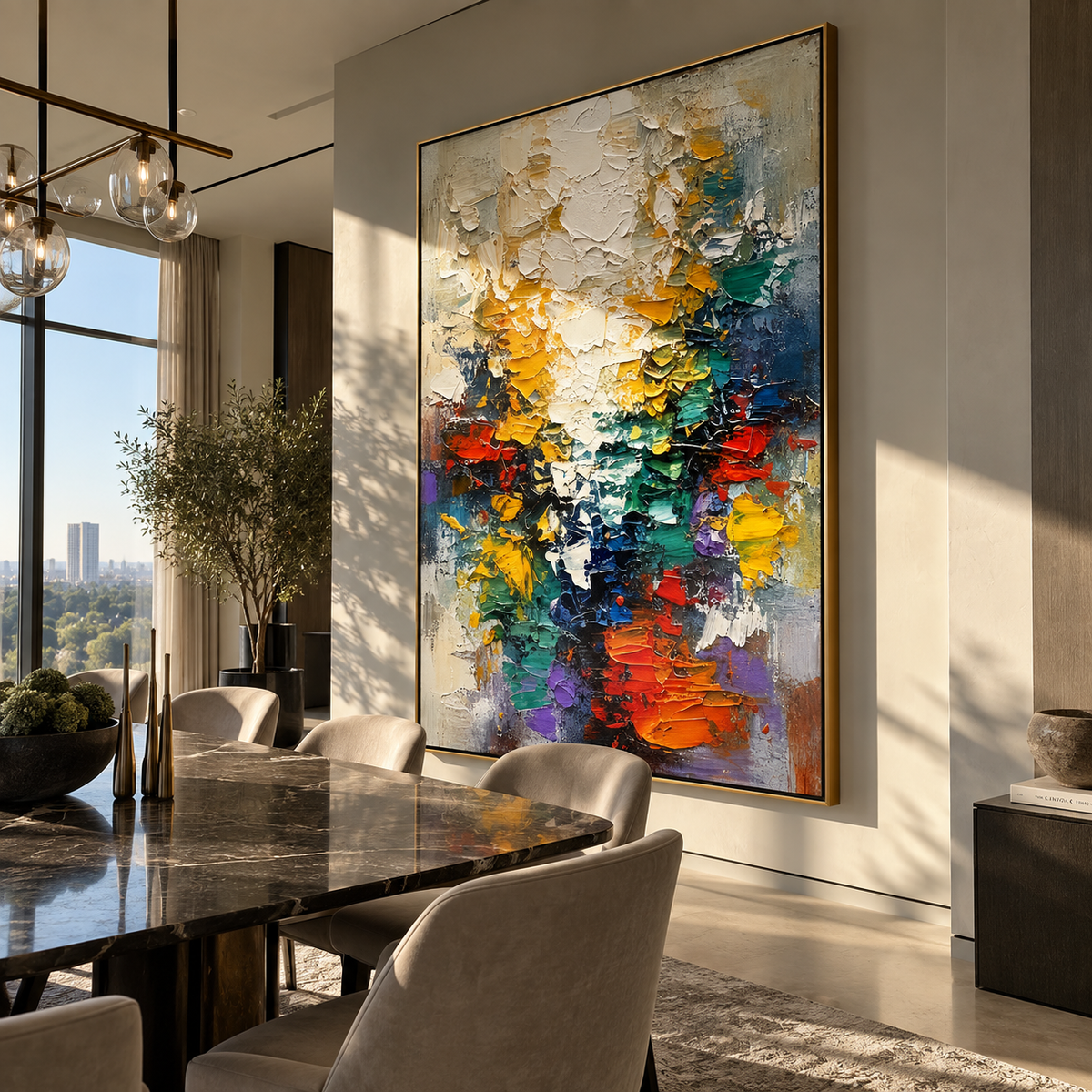 Color Fragments Rise textured wall art shown above contemporary furnishings