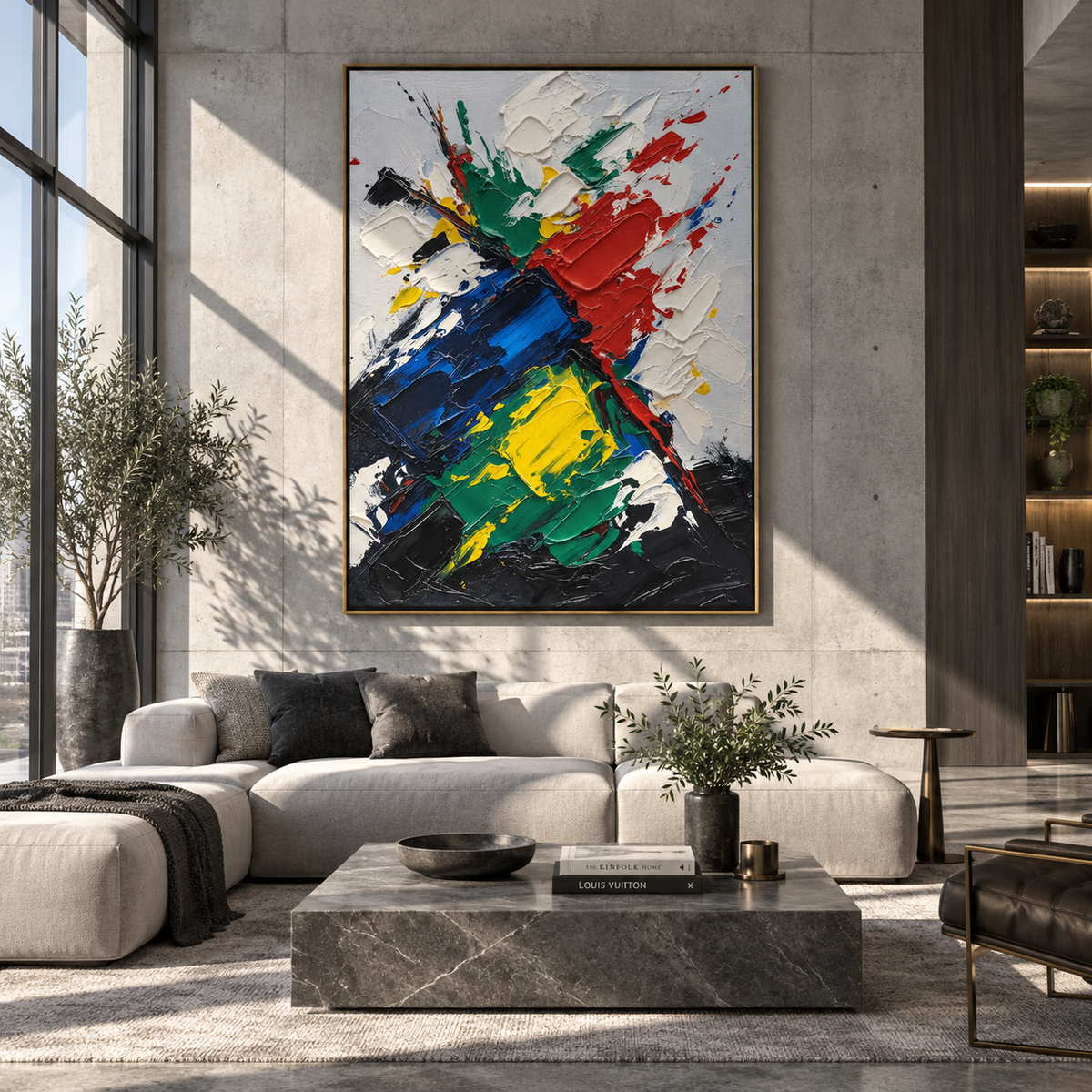 Primary Strokes Collide bold primary color abstract painting displayed in a modern interior