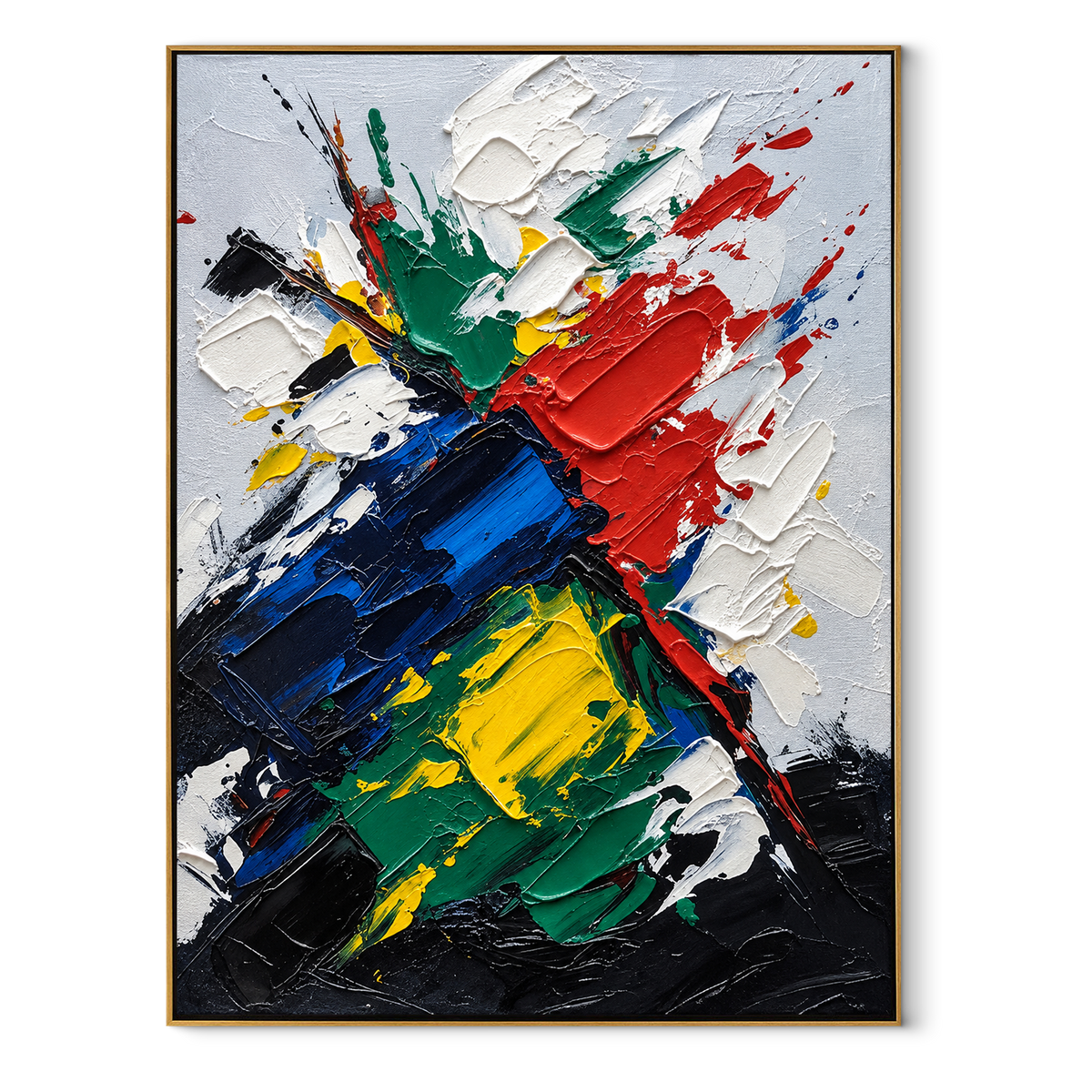Primary Strokes Collide vertical canvas artwork in a wood frame on white