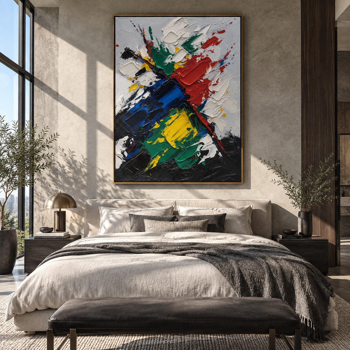 Primary Strokes Collide vertical painting styled as a refined focal point