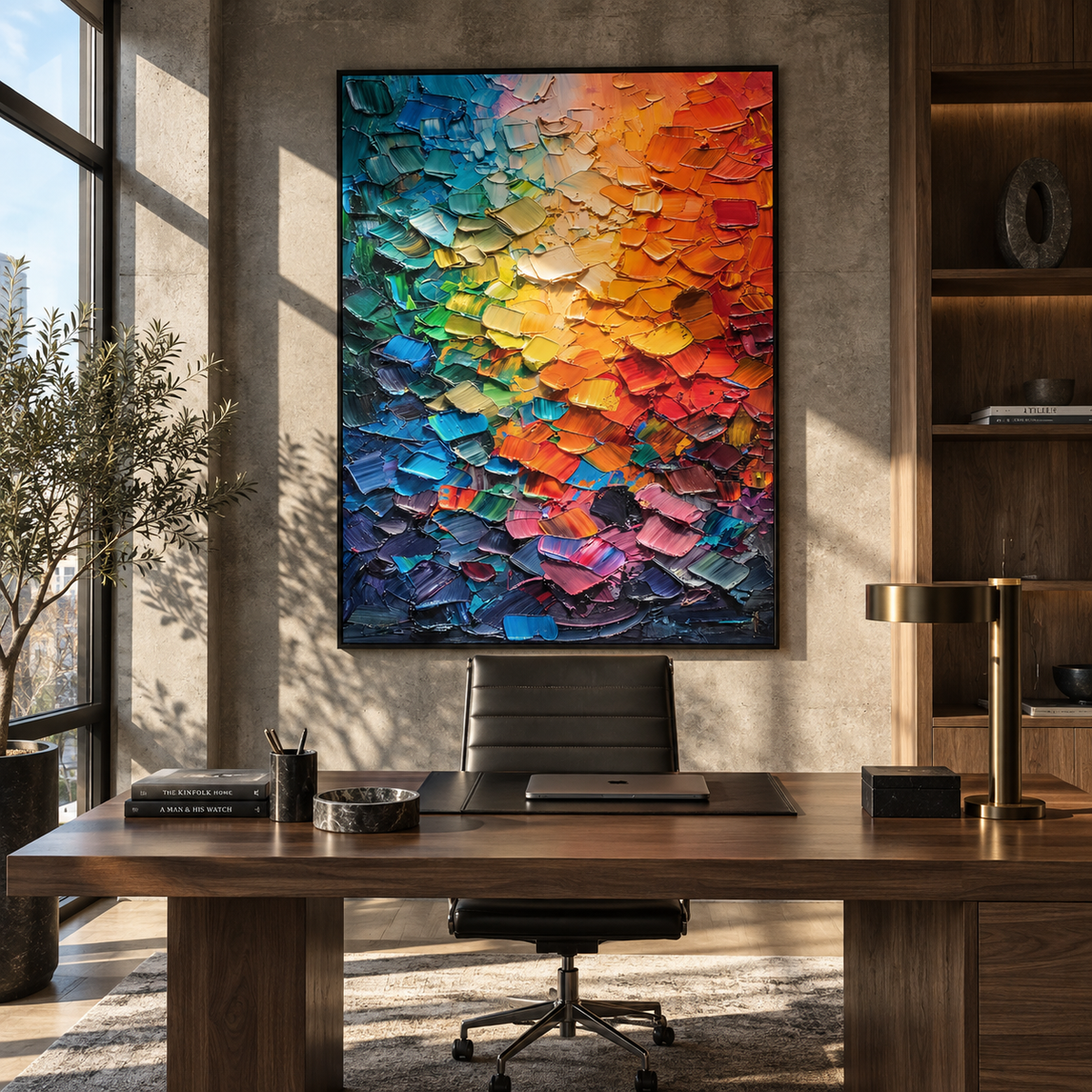 Spectrum Tiles Bloom textured wall art shown above contemporary furnishings