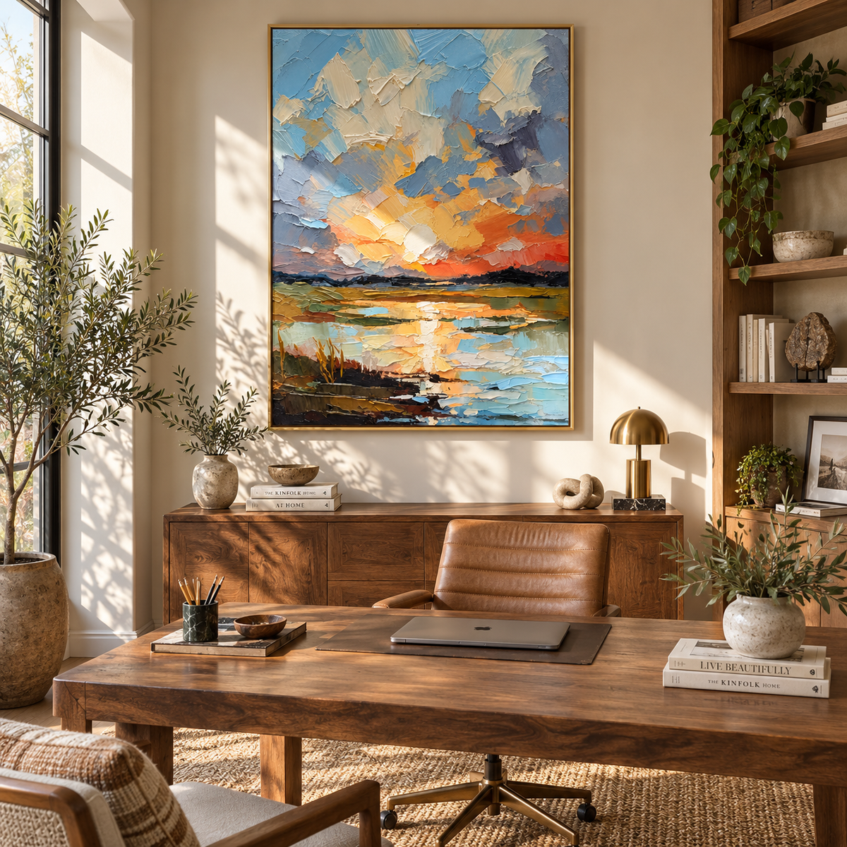 Sunset Breaks Over Water sunset lake landscape painting displayed in a modern interior