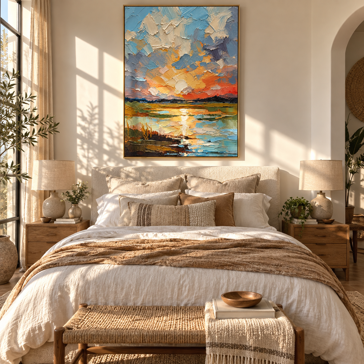Sunset Breaks Over Water textured wall art shown above contemporary furnishings