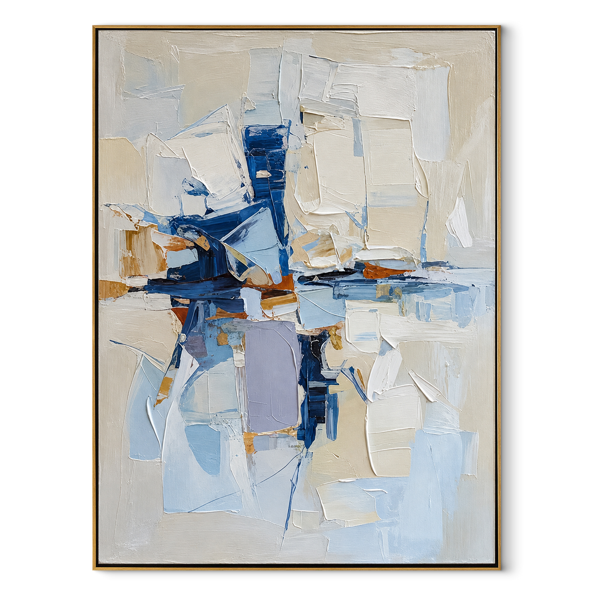 Blue Planes in Light vertical canvas artwork in a wood frame on white