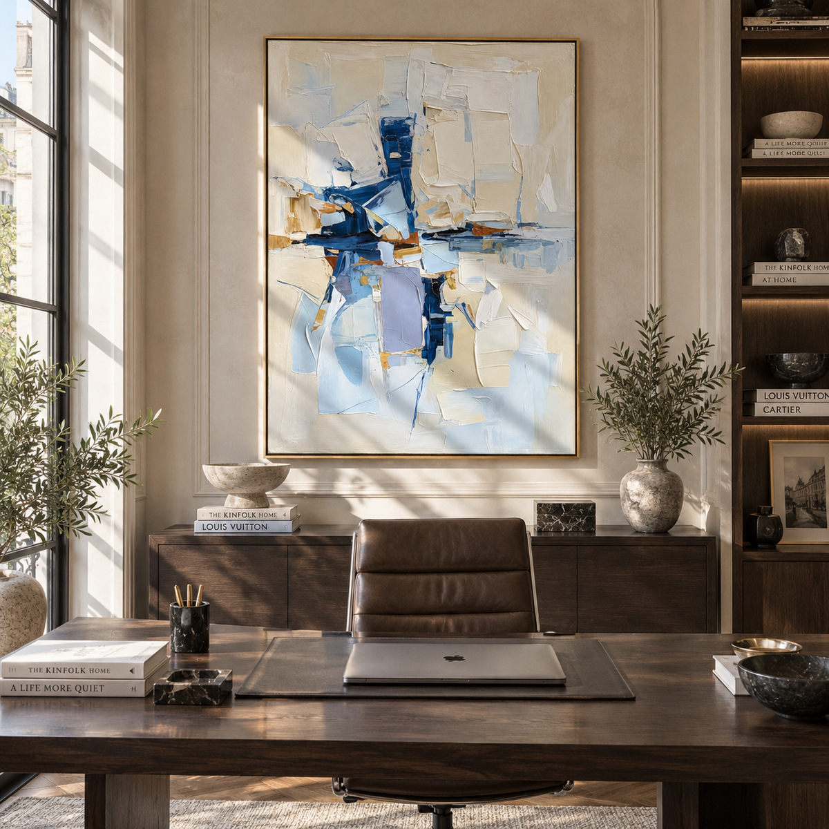 Blue Planes in Light textured wall art shown above contemporary furnishings
