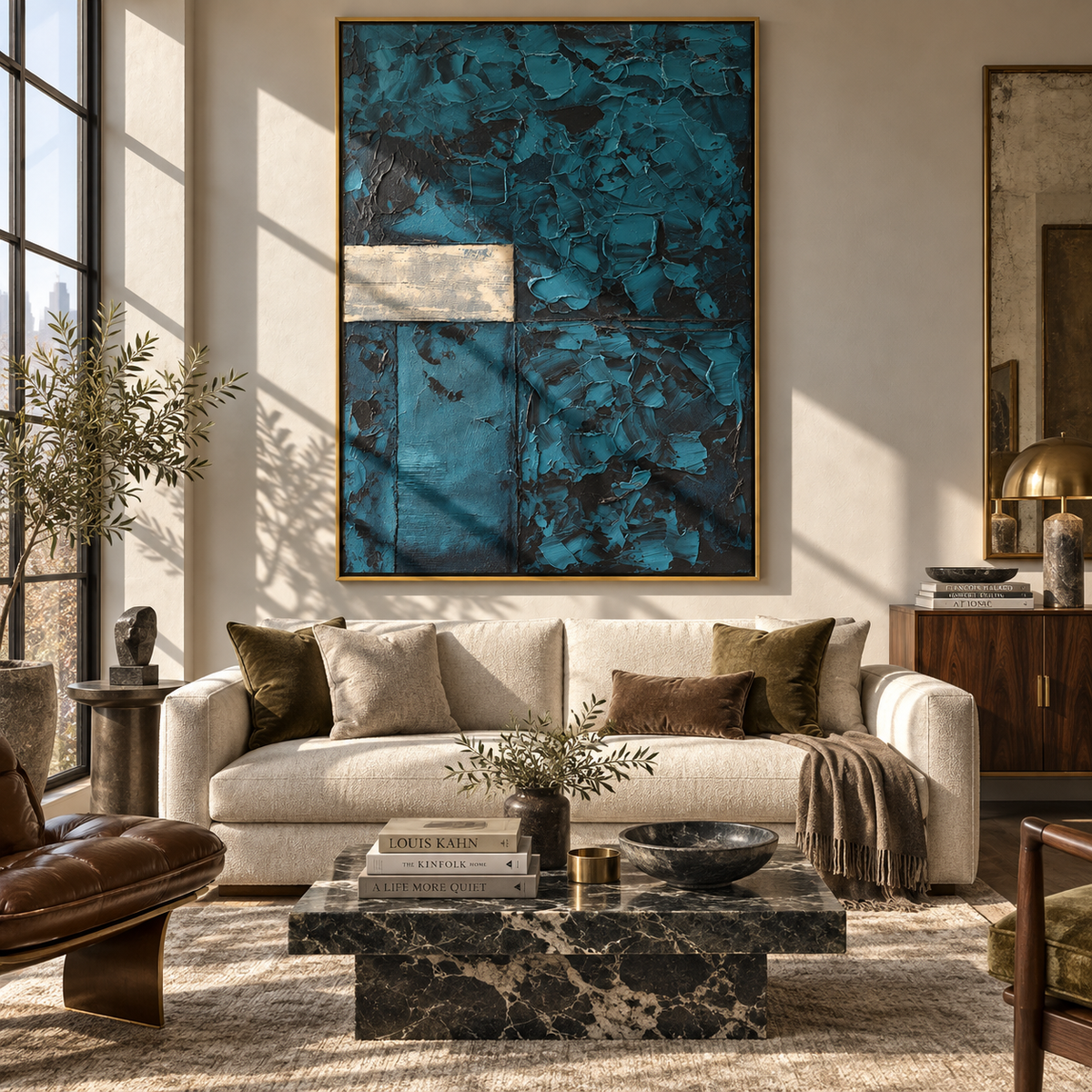 Teal Window Within textured wall art shown above contemporary furnishings