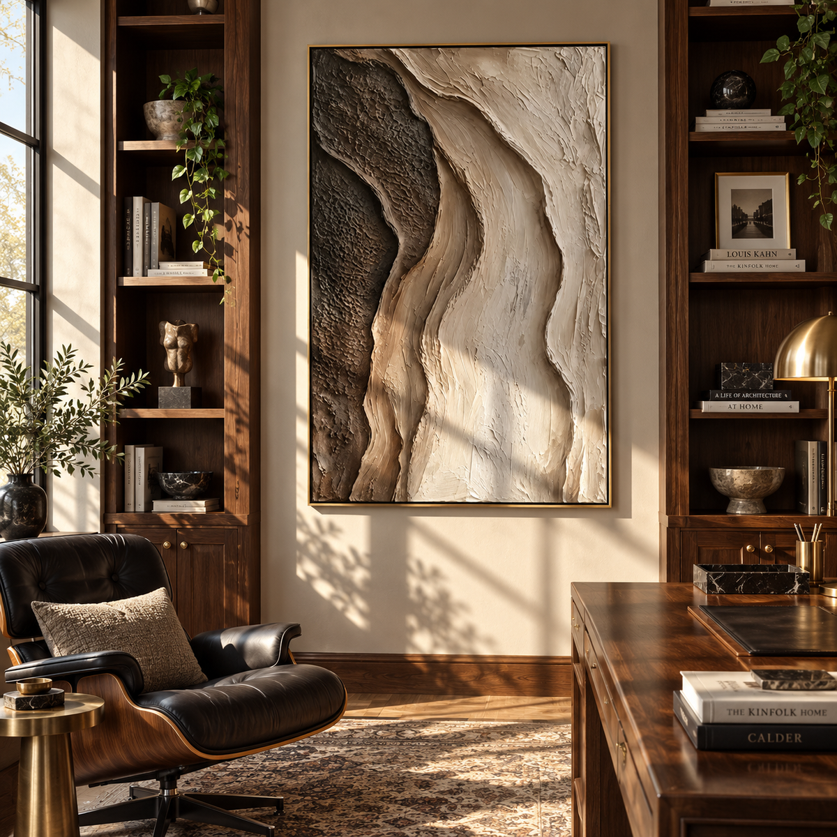 Sandstone Tides Divide brown beige wabi sabi painting displayed in a modern interior