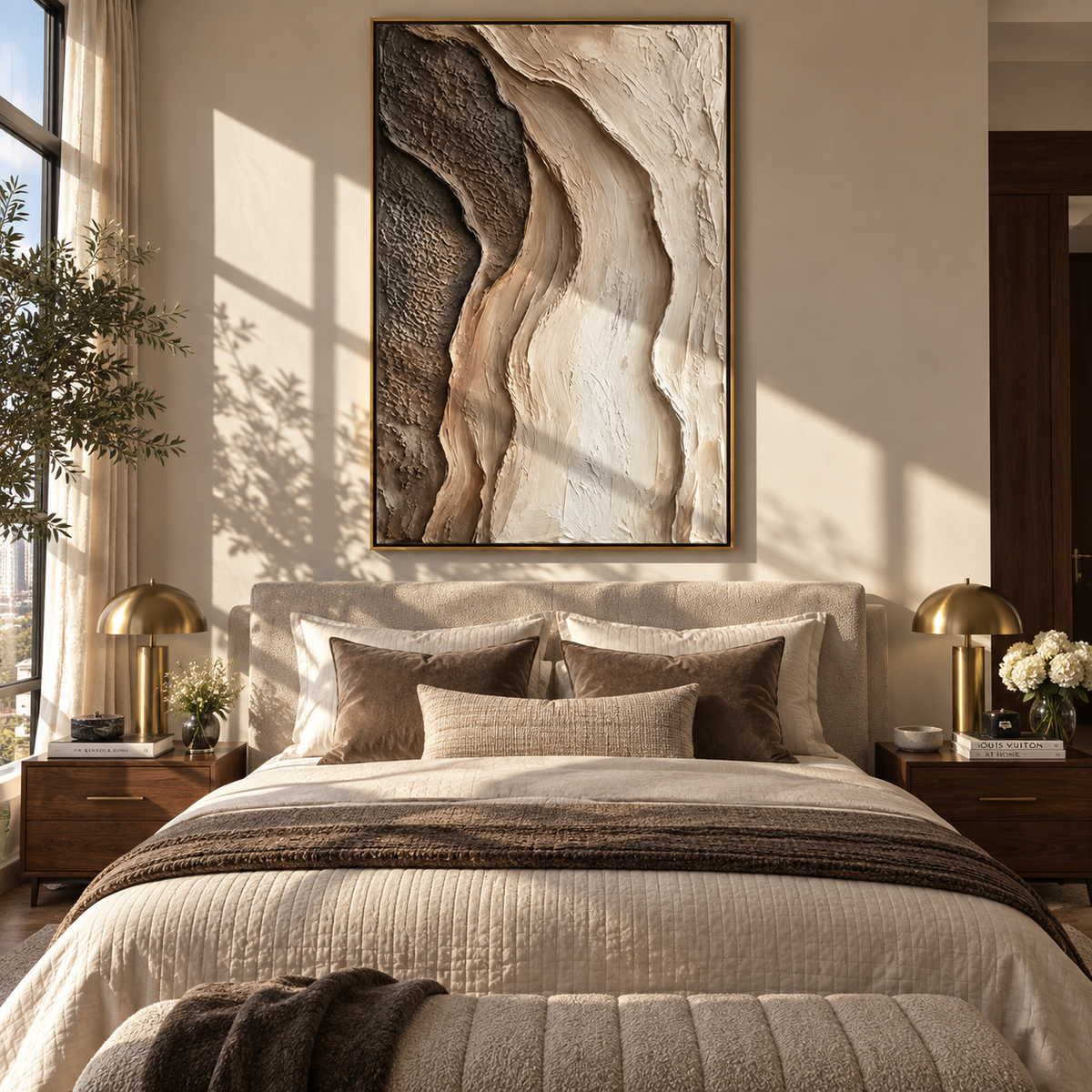 Sandstone Tides Divide textured wall art shown above contemporary furnishings
