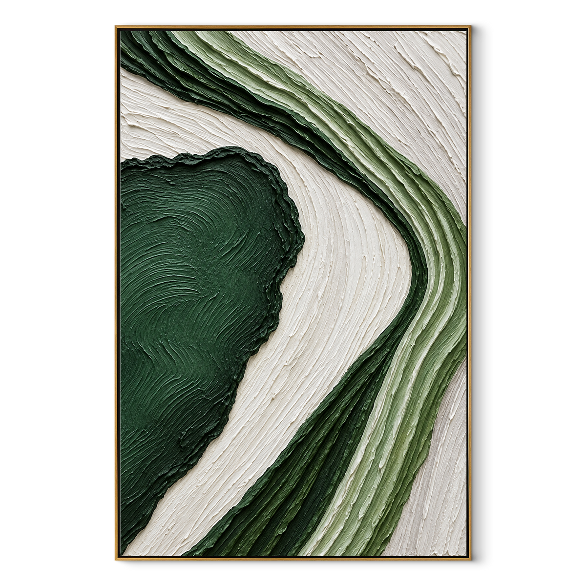 Green Current Bends vertical canvas artwork in a wood frame on white