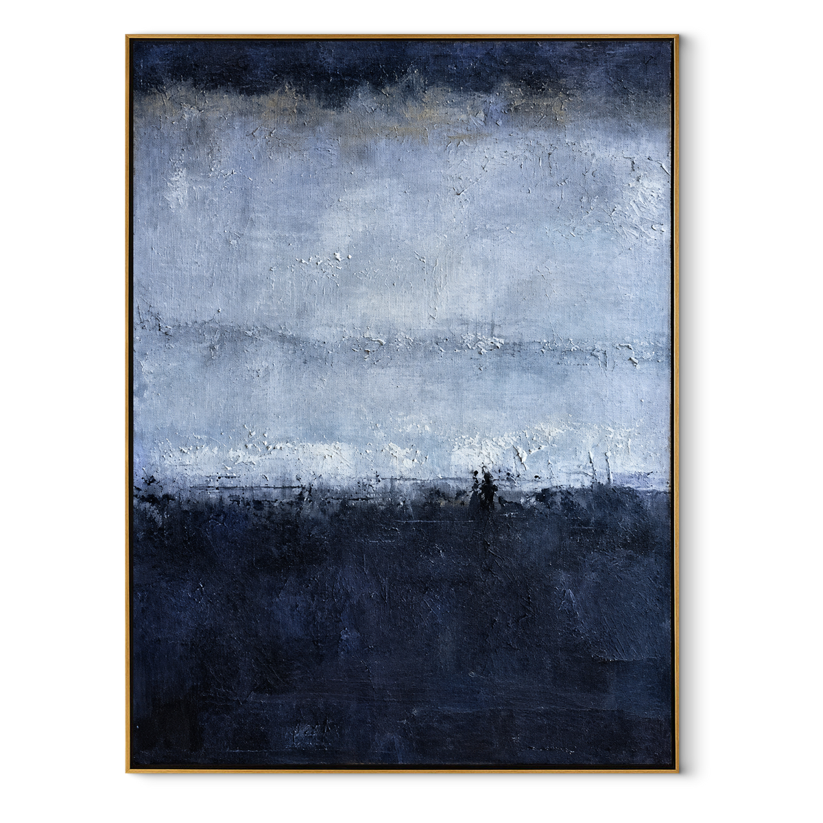 Fog Settles Over Blue vertical canvas artwork in a wood frame on white