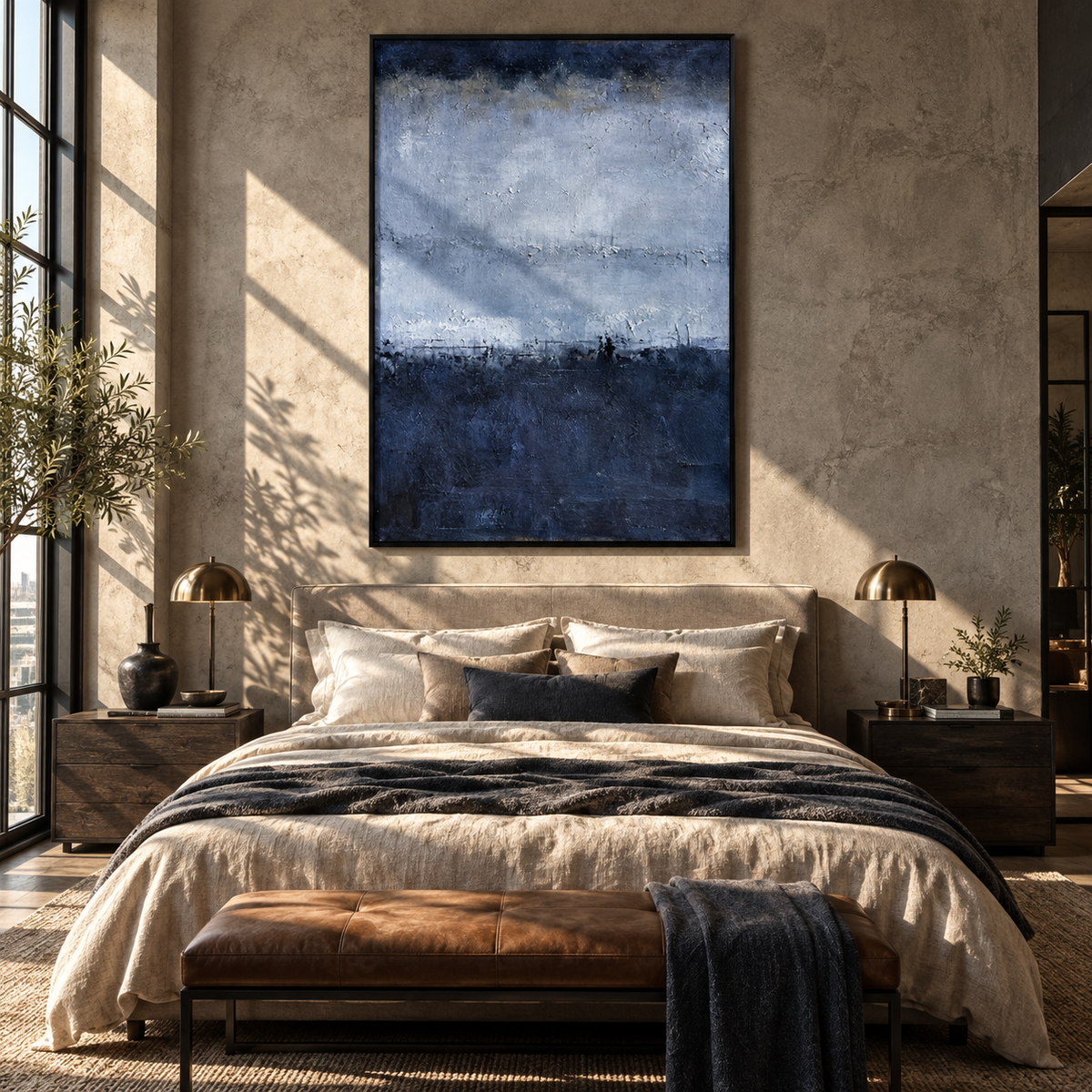 Fog Settles Over Blue textured wall art shown above contemporary furnishings