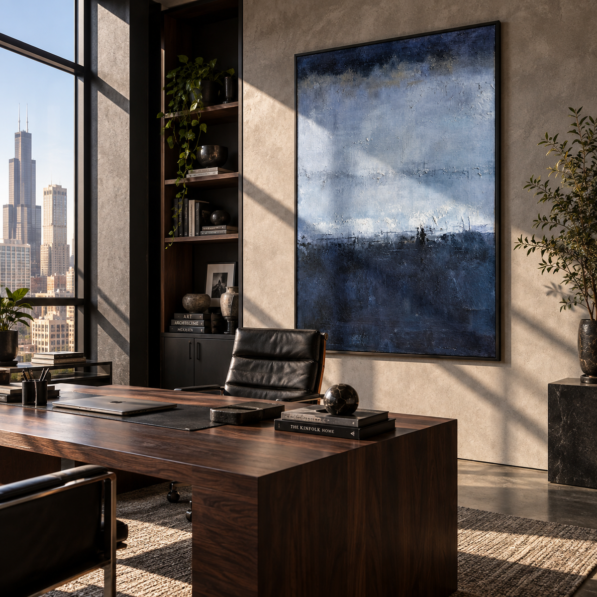 Fog Settles Over Blue vertical painting styled as a refined focal point