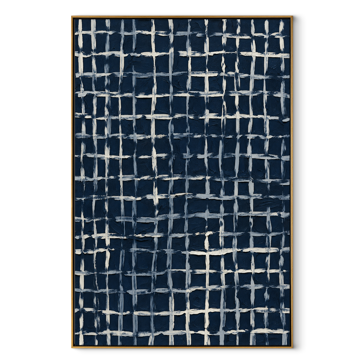 White Grid at Midnight vertical canvas artwork in a wood frame on white