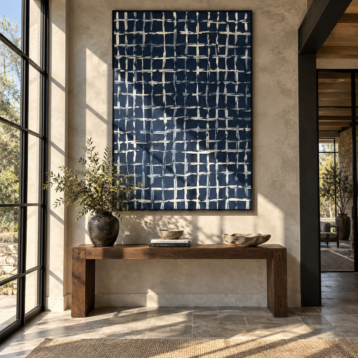 White Grid at Midnight textured wall art shown above contemporary furnishings