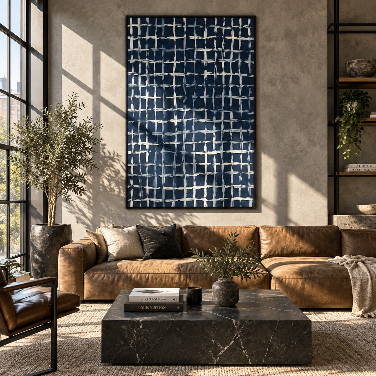 White Grid at Midnight vertical painting styled as a refined focal point
