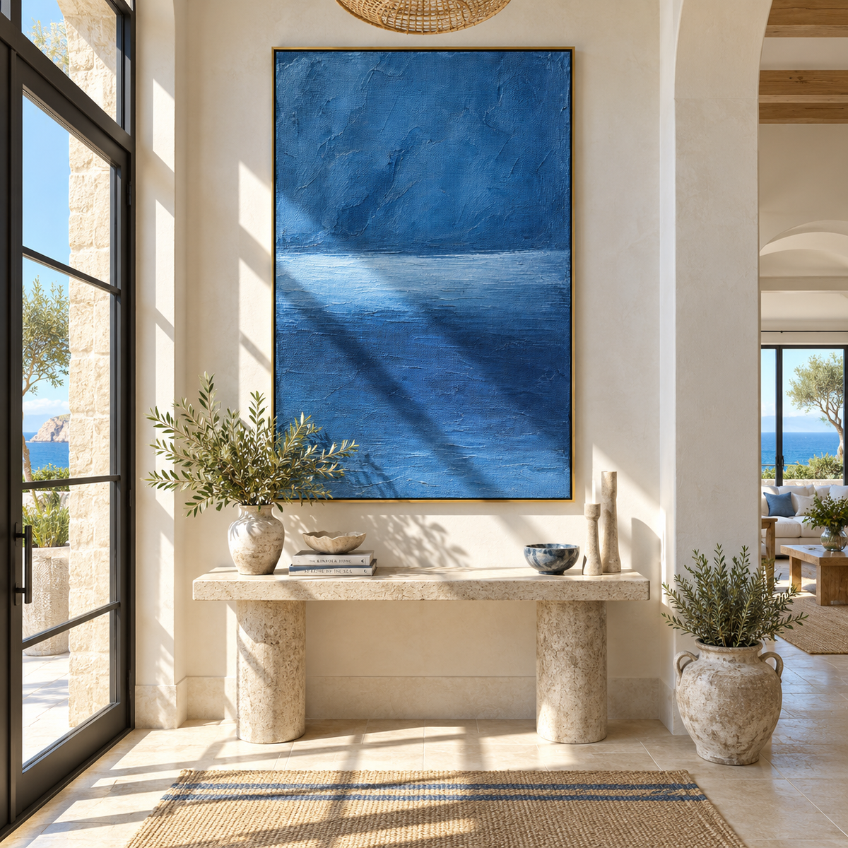Blue Horizon Holds deep blue seascape painting displayed in a modern interior