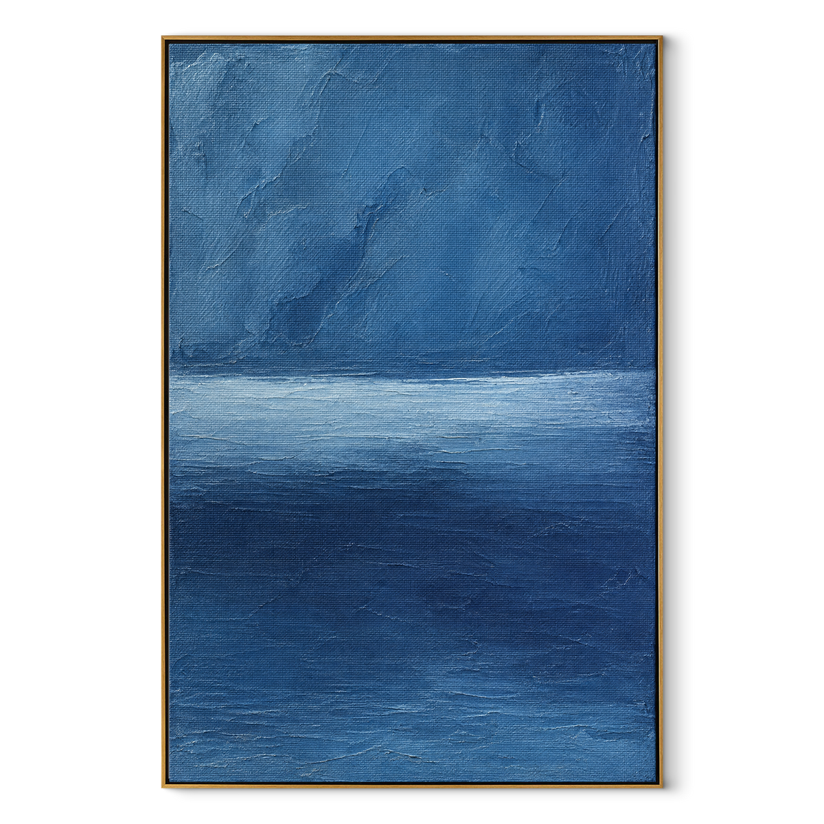 Blue Horizon Holds vertical canvas artwork in a wood frame on white