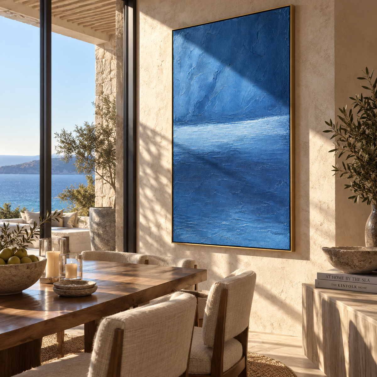 Blue Horizon Holds displayed with natural materials and modern decor