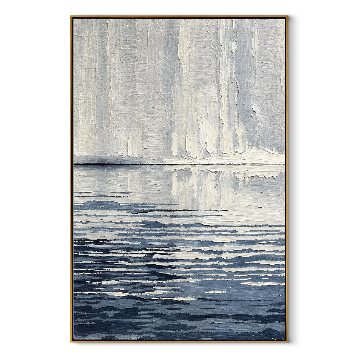 Pale Water Keeps Still vertical canvas artwork in a wood frame on white