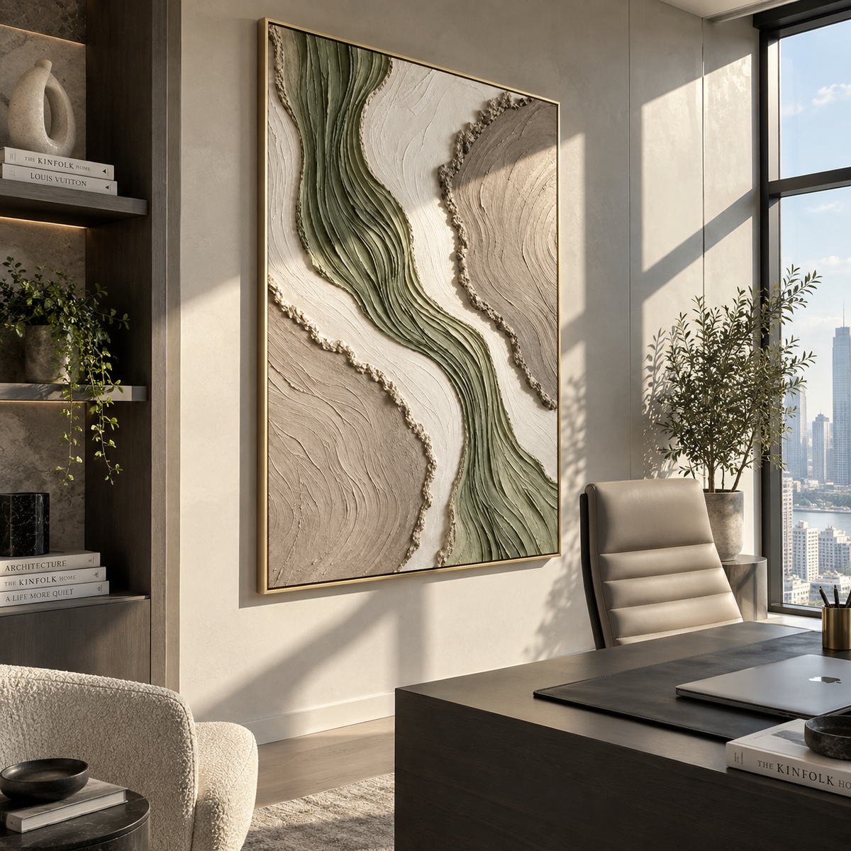 Sage Rivers Through Stone sage beige organic abstract painting displayed in a modern interior