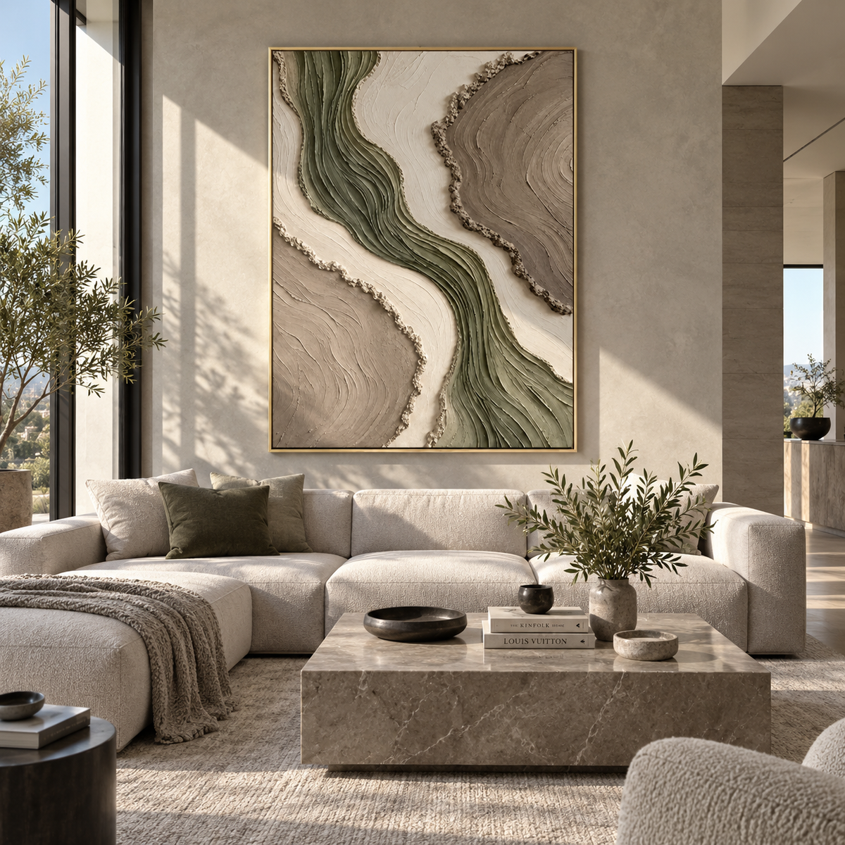 Sage Rivers Through Stone textured wall art shown above contemporary furnishings