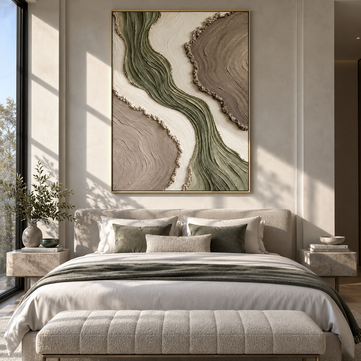 Sage Rivers Through Stone vertical painting styled as a refined focal point