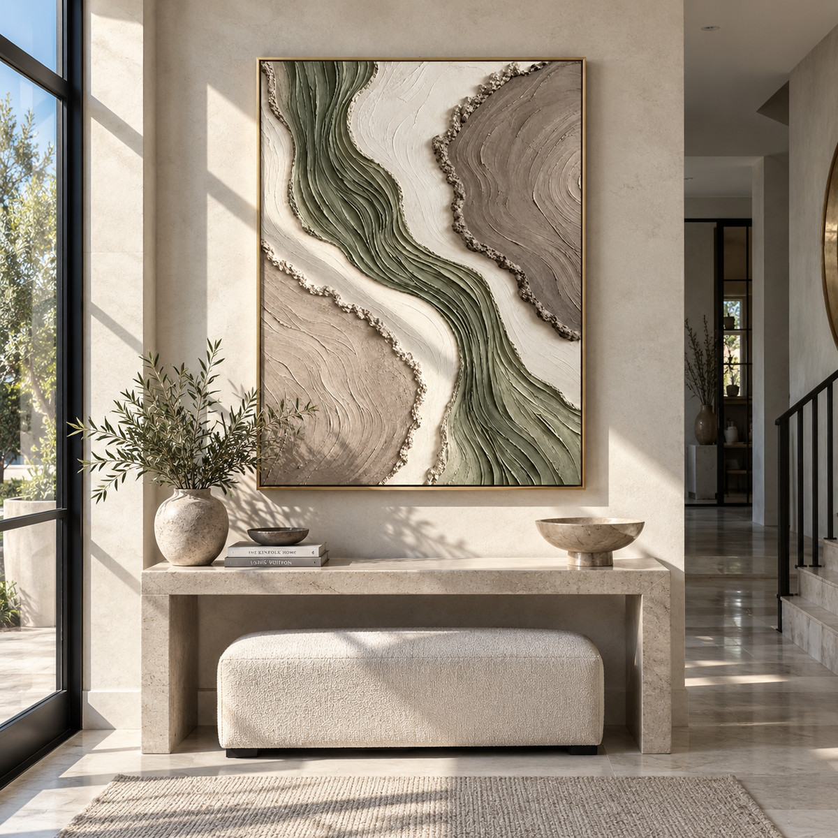 Sage Rivers Through Stone displayed with natural materials and modern decor