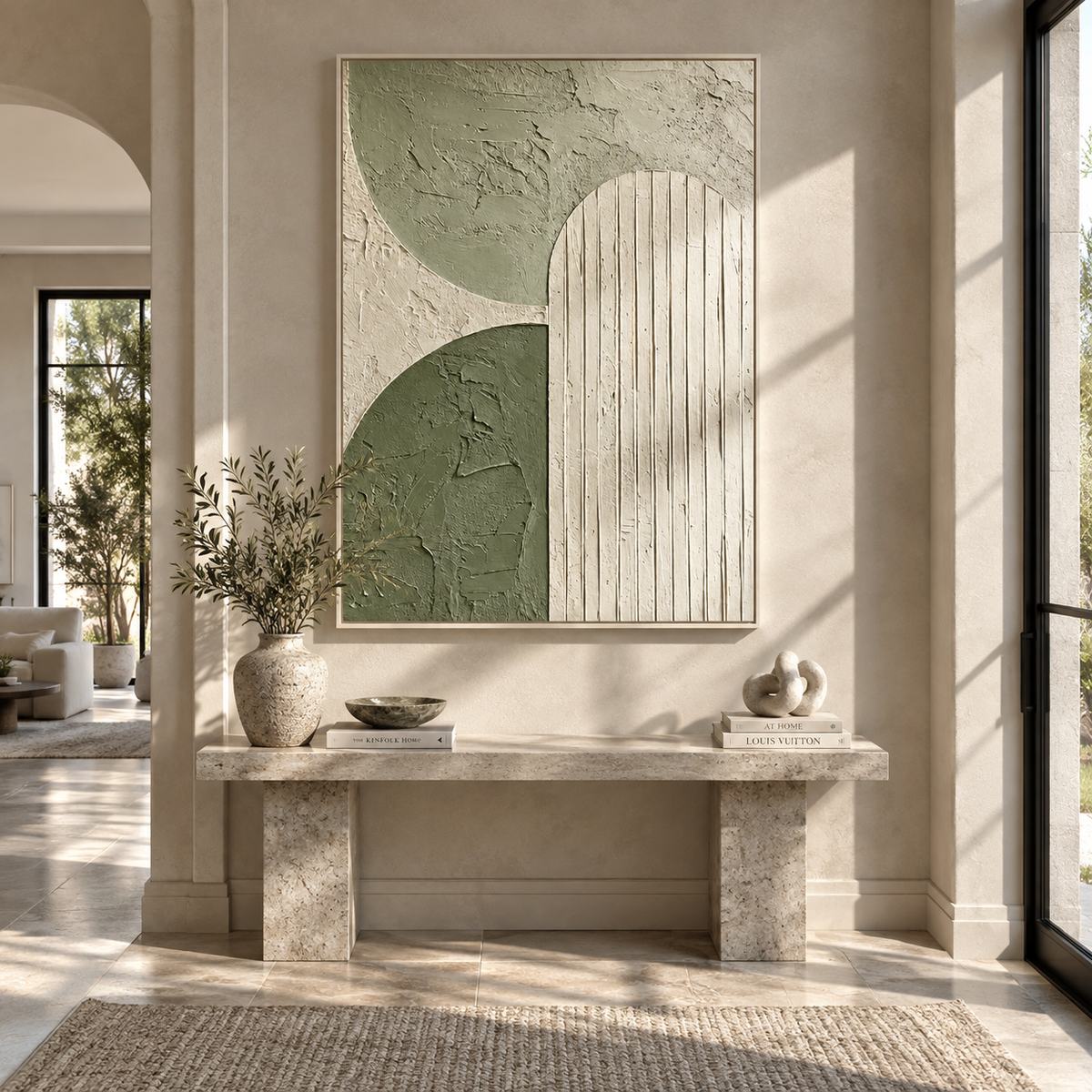 Arches Rest in Sage textured wall art shown above contemporary furnishings