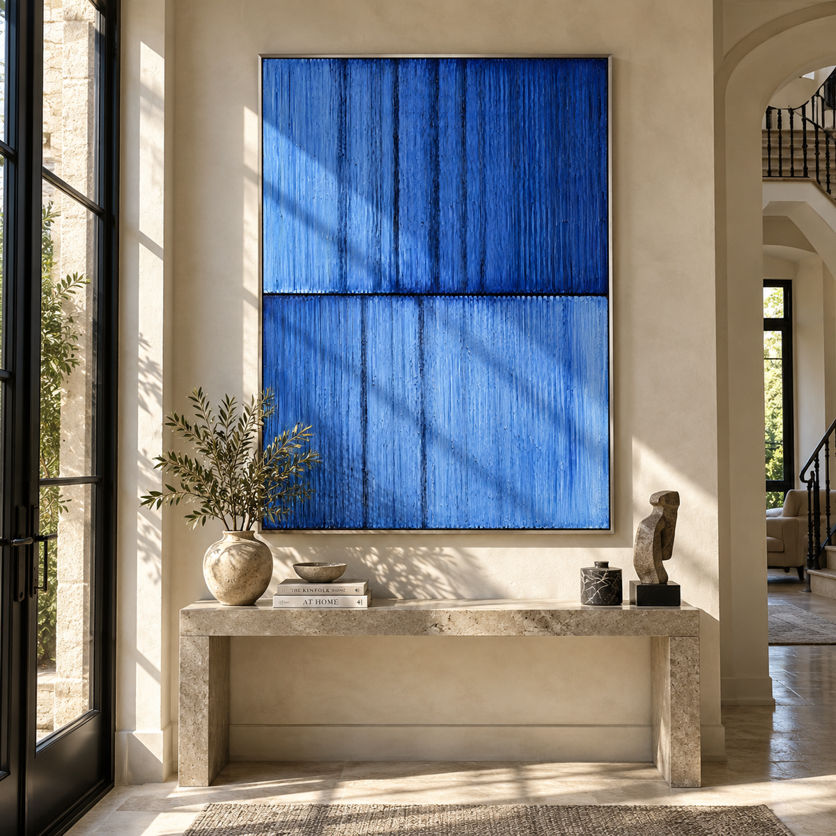 Blue Columns After Rain cobalt blue minimalist painting displayed in a modern interior