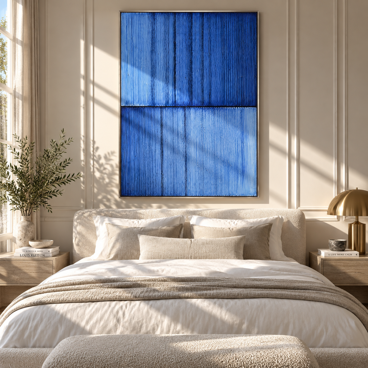 Blue Columns After Rain displayed with natural materials and modern decor