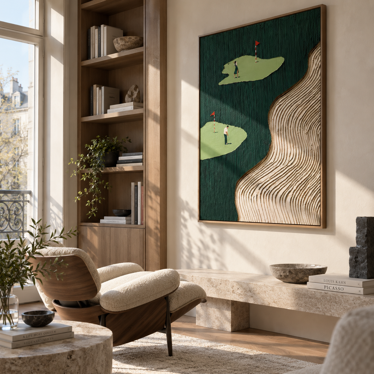 Fairways Across Green green golf landscape painting displayed in a modern interior