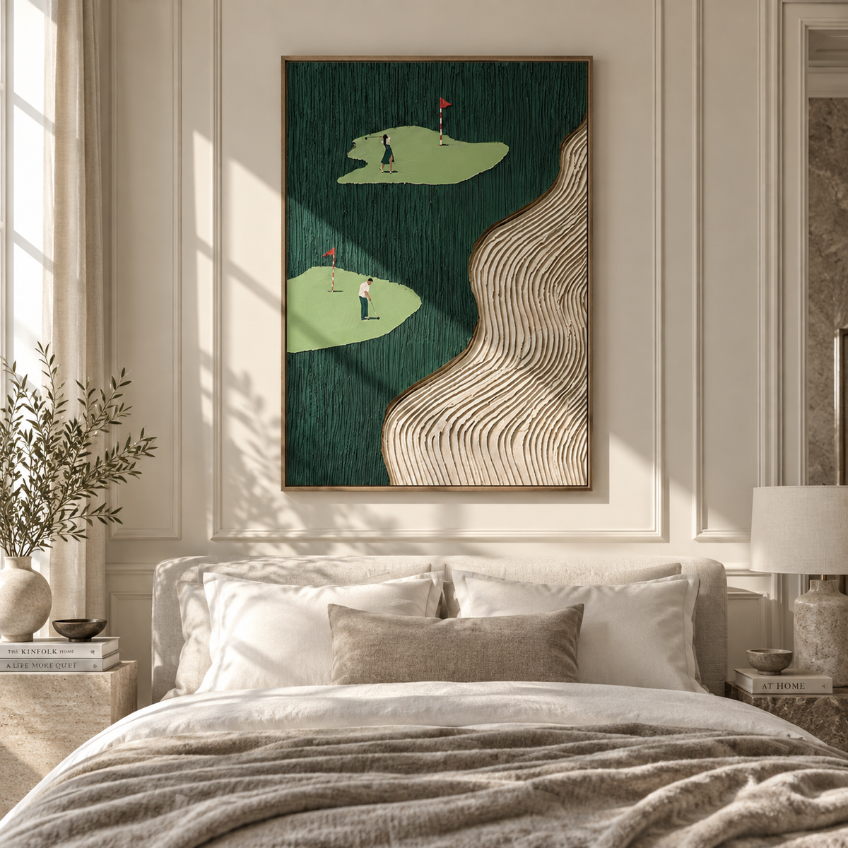 Fairways Across Green textured wall art shown above contemporary furnishings