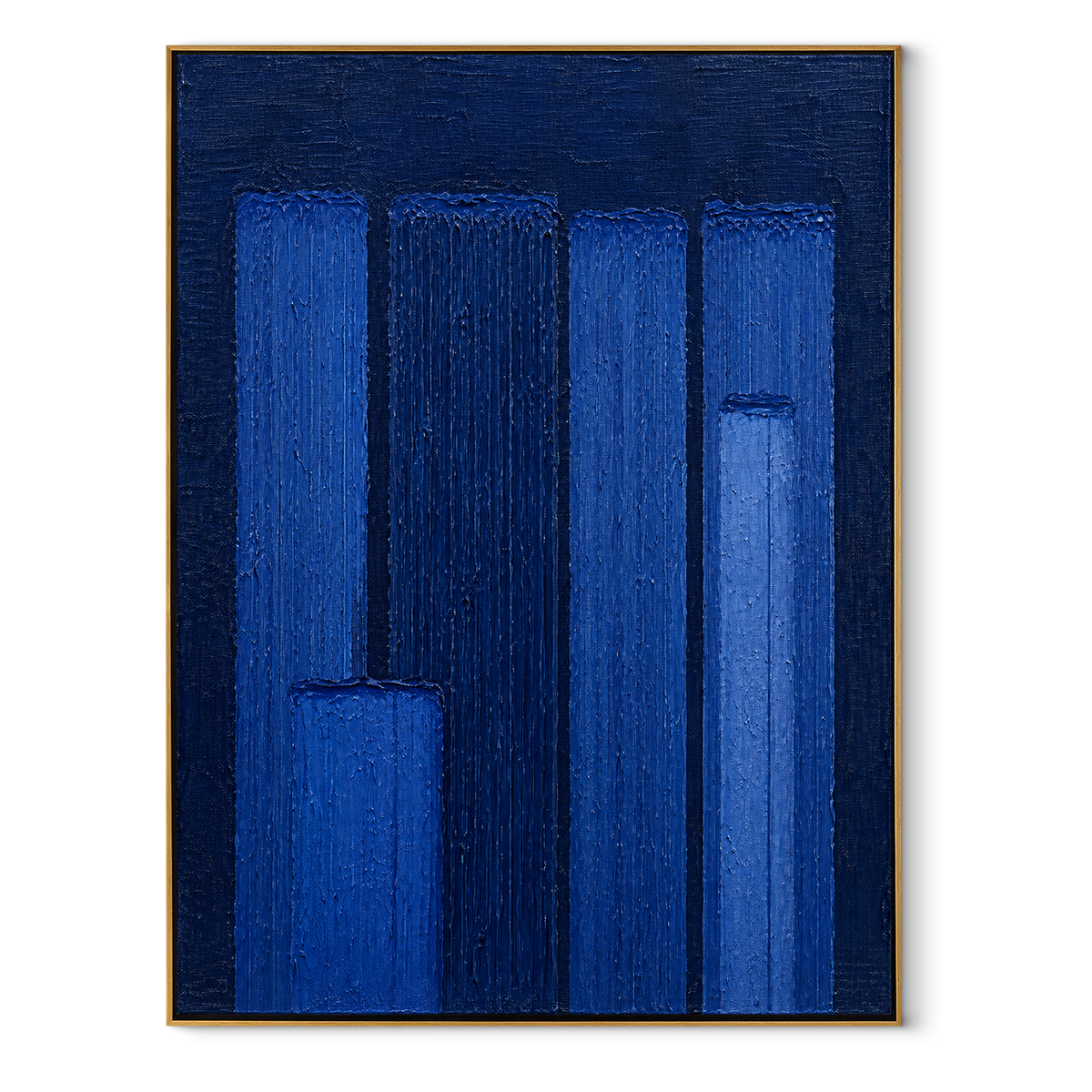 Cobalt Pillars Stand vertical canvas artwork in a wood frame on white