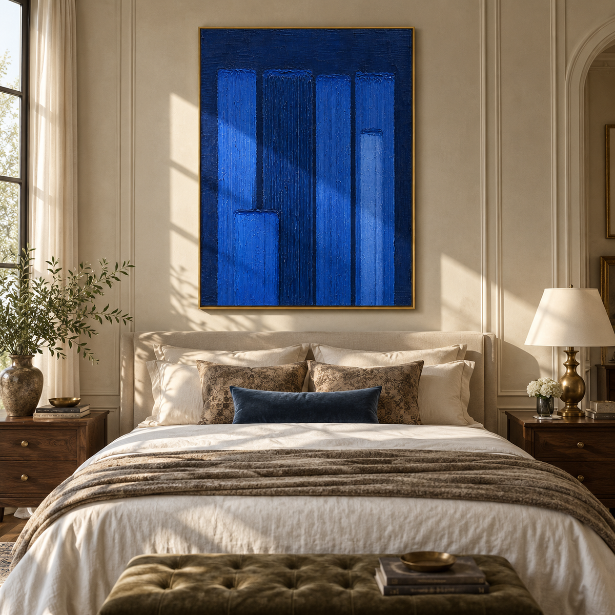 Cobalt Pillars Stand textured wall art shown above contemporary furnishings