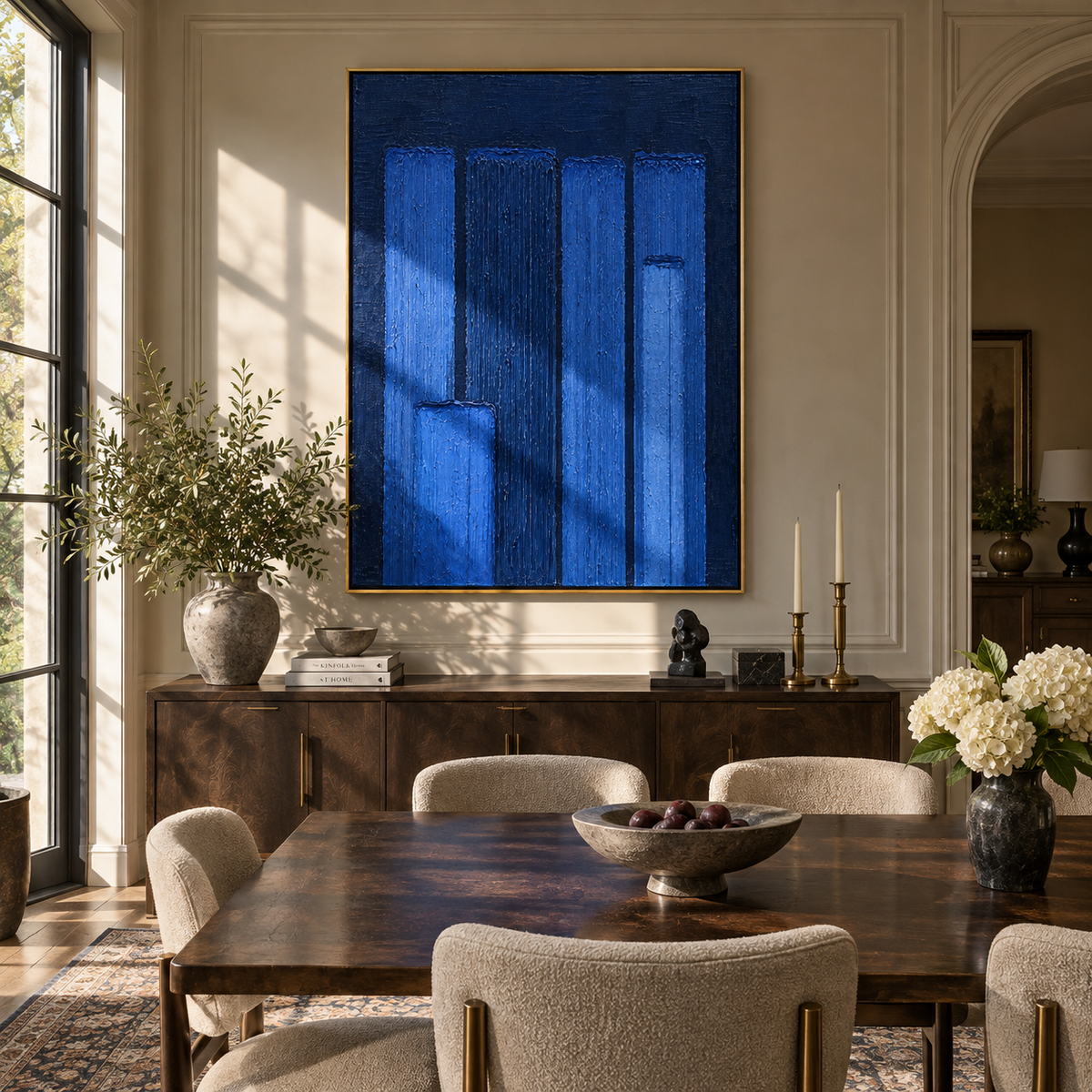 Cobalt Pillars Stand vertical painting styled as a refined focal point