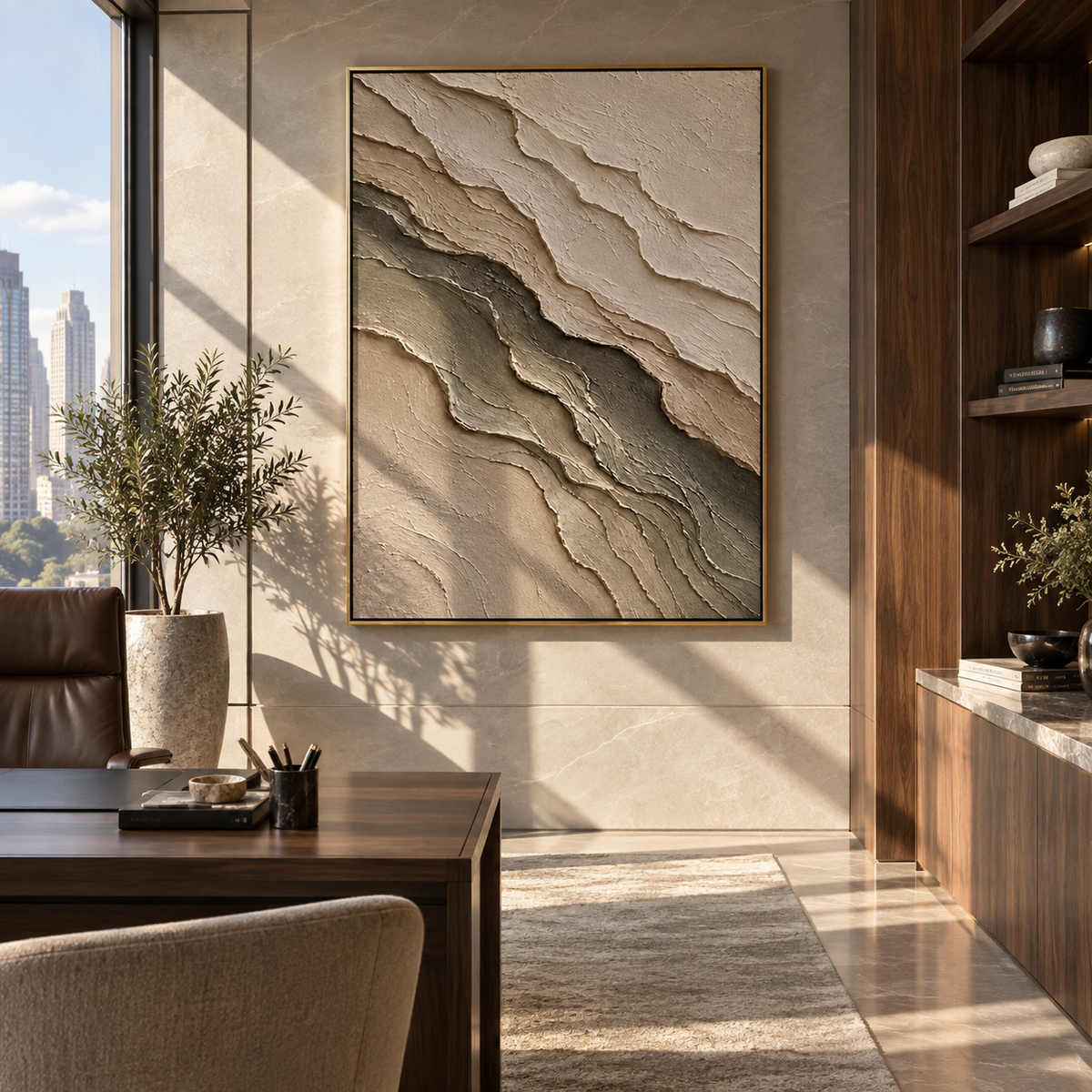 Stone Layers Drift taupe beige neutral textured painting displayed in a modern interior