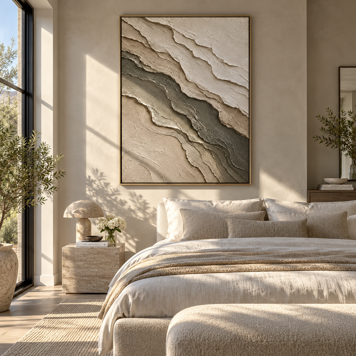 Stone Layers Drift textured wall art shown above contemporary furnishings