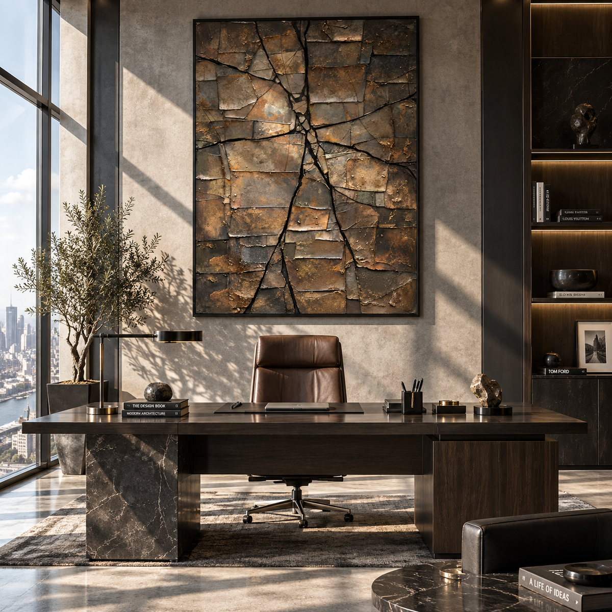 Weathered Earth Mosaic displayed with natural materials and modern decor
