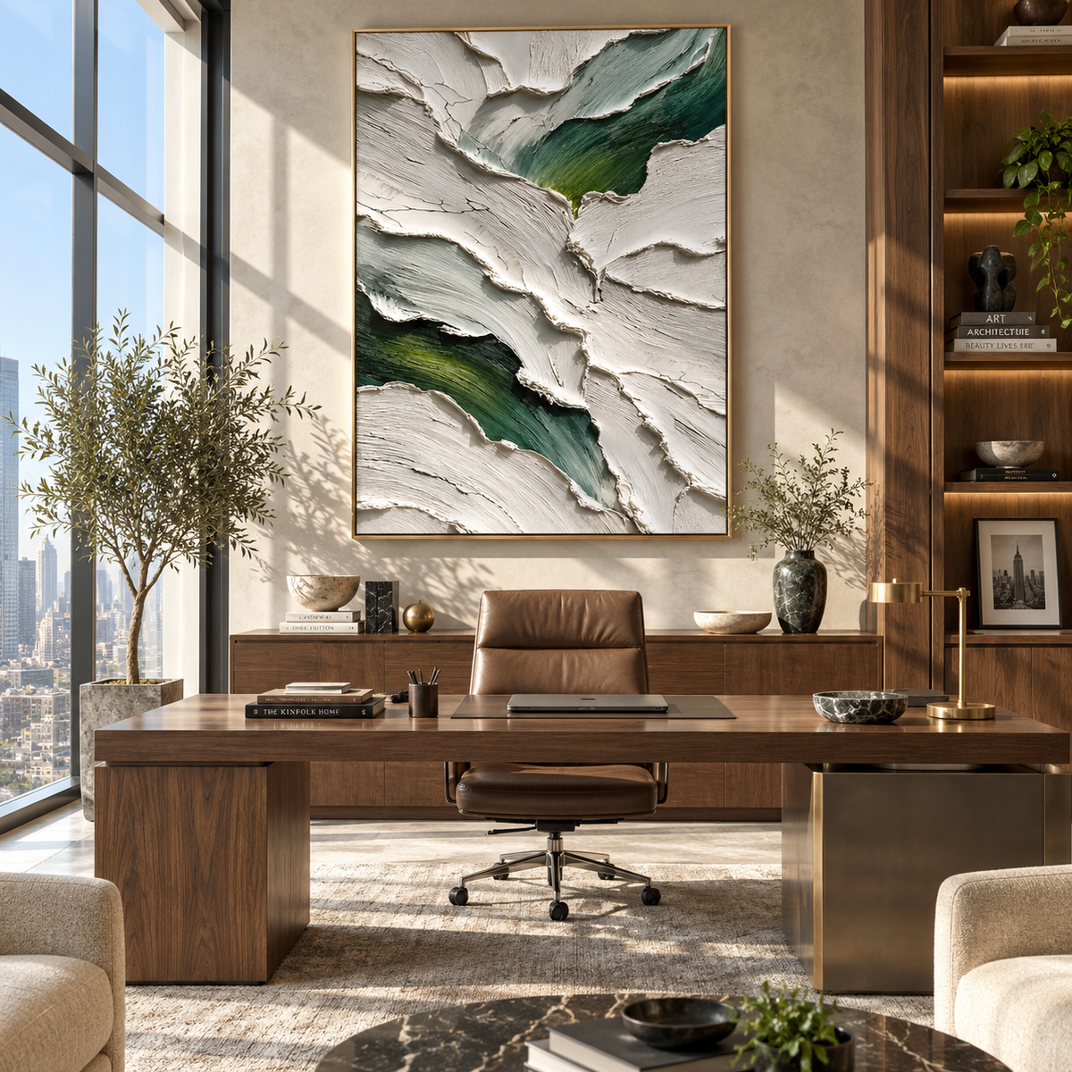 Green Fissures Through White green white textured abstract painting displayed in a modern interior